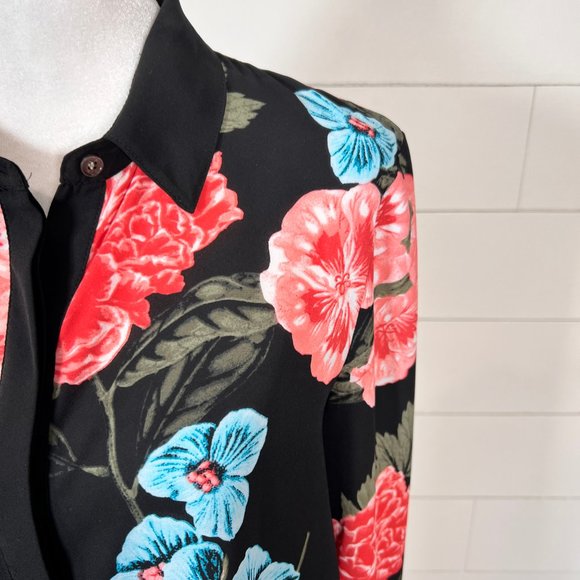 CeCe Black Pink & Blue Floral Semi Sheer Long Sleeve Blouse Size M - Picture 4 of 11